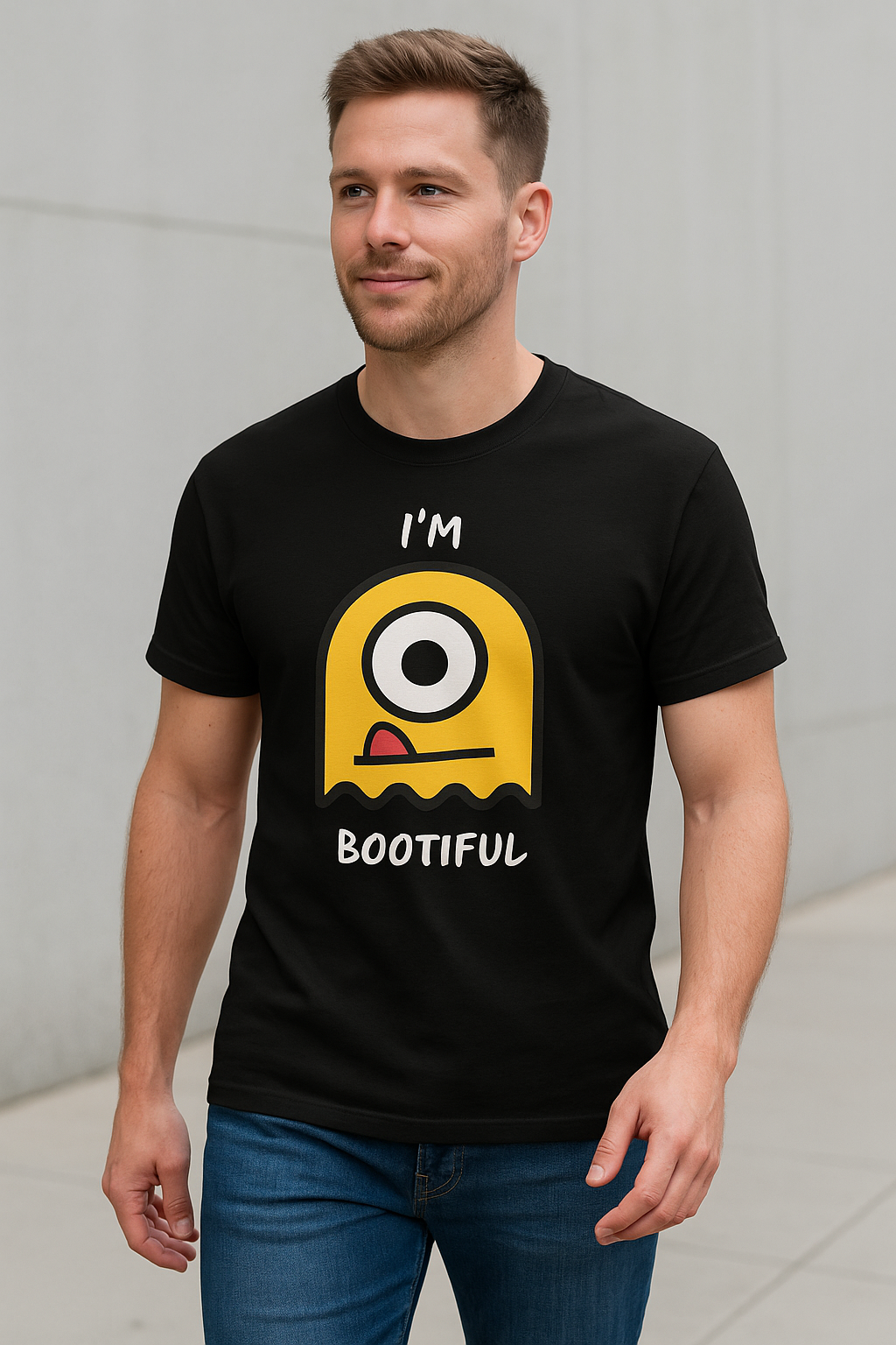 Black Graphic Tee – “I’m Bootiful” Fun Cartoon Print | Mad Rakkoon