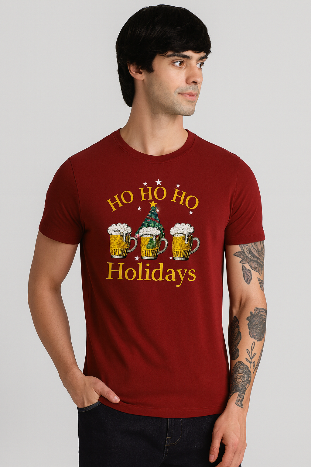 Ho Ho Ho Holidays – Christmas Beer Mug Tee | Designed in BC by Mad Rakkoon (Proudly Canadian)