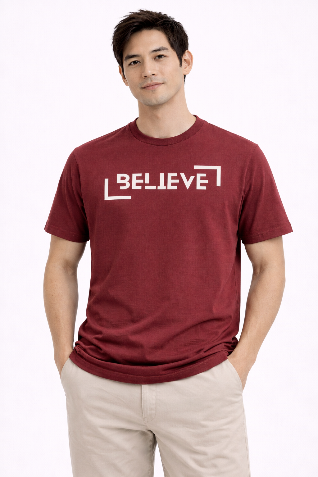 BELIEVE Minimal Statement T-Shirt – Premium Maroon Cotton Tee