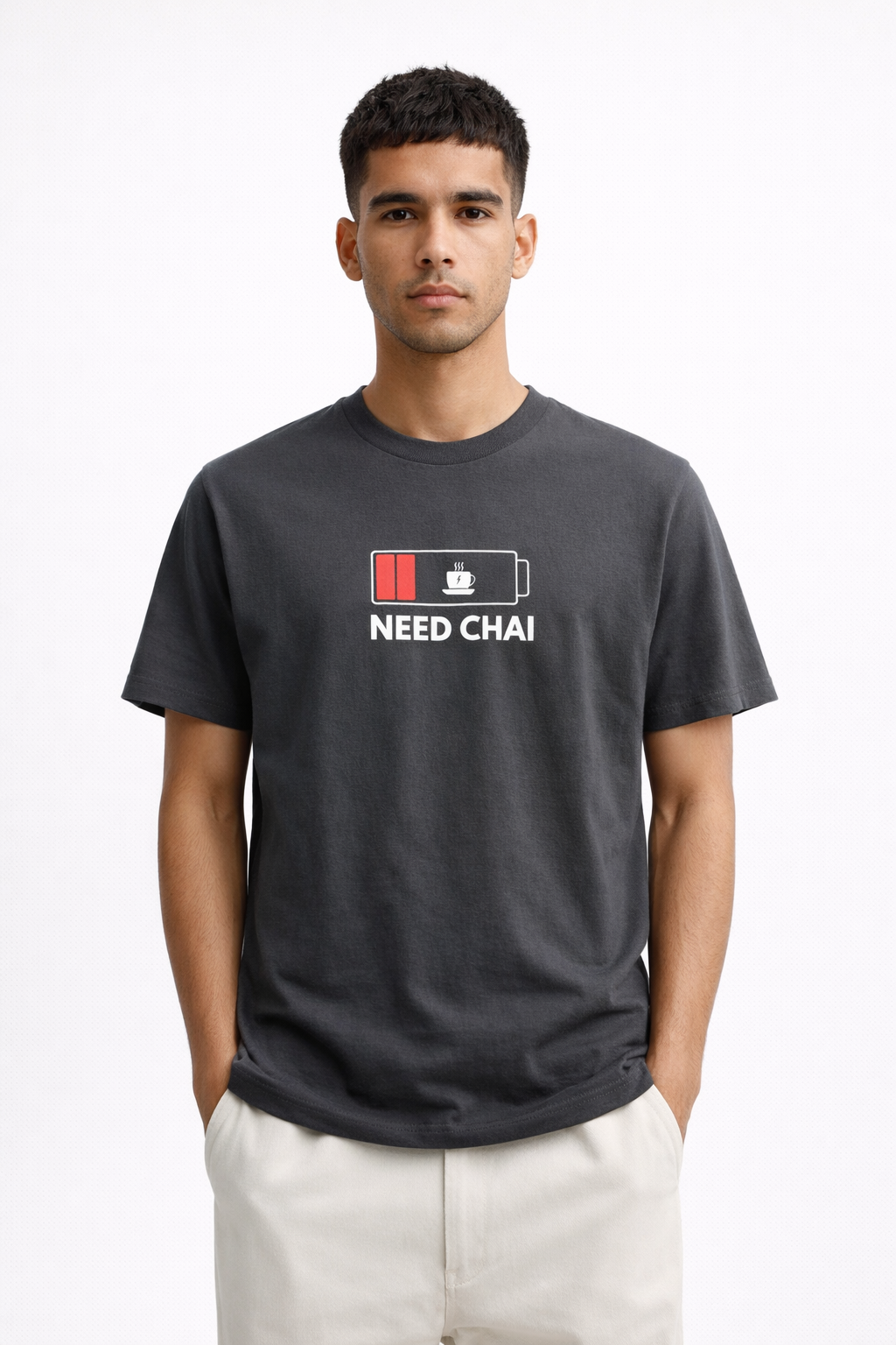 NEED CHAI Graphic T-Shirt – Charcoal Grey Minimal Cotton Tee for Men