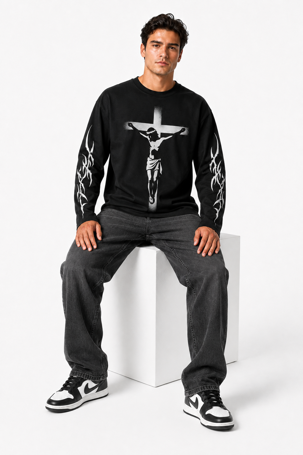 Jesus Crucifix Graphic Black Long Sleeve T-Shirt – Regular Fit