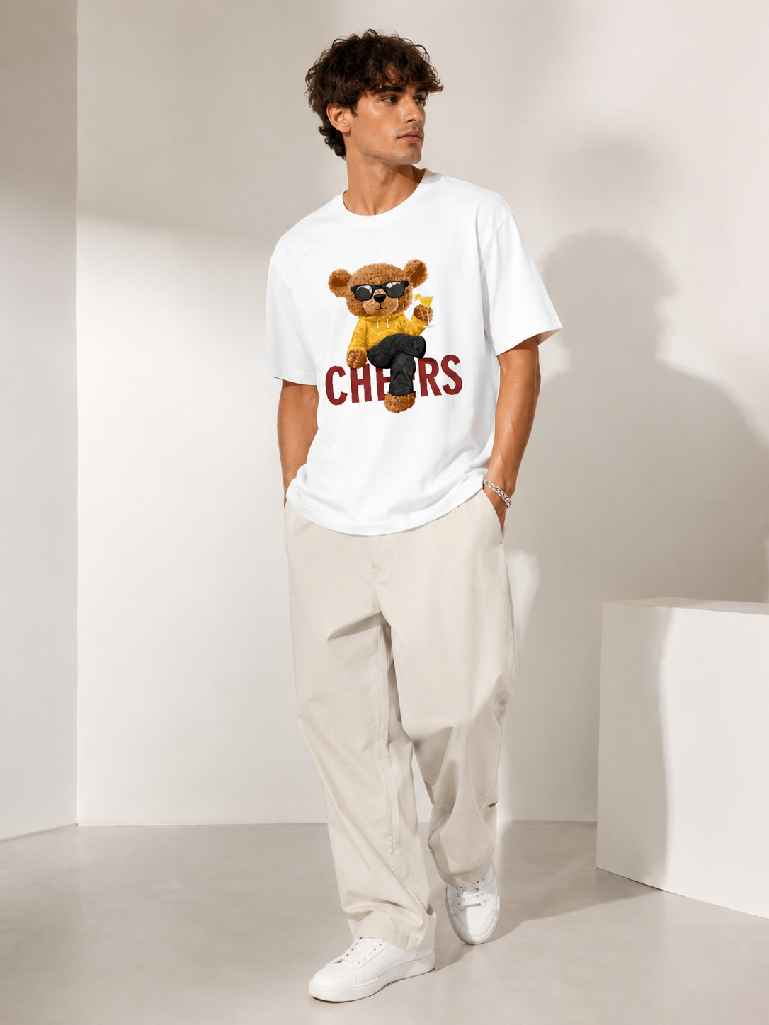 Teddy Bear Graphic White Oversized T-Shirt