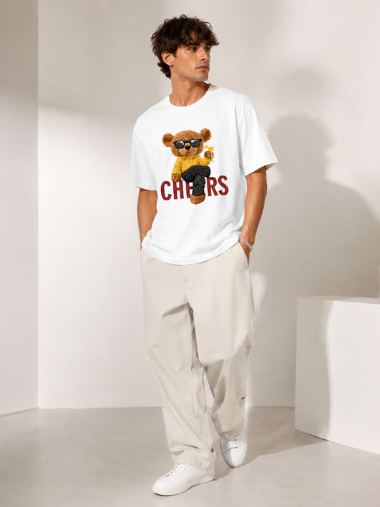 Teddy Bear Graphic White Oversized T-Shirt
