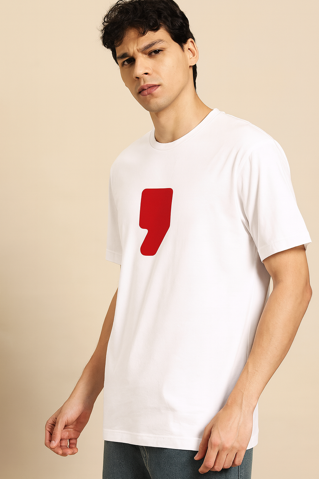 Premium White Cotton T-Shirt with Bold Red Minimalist Print
