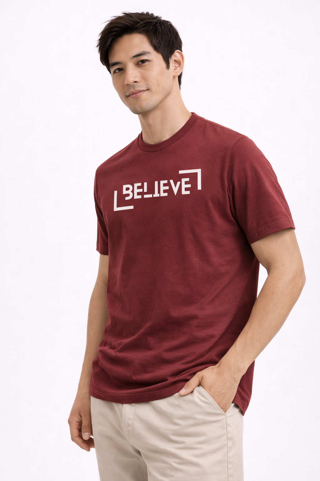 BELIEVE Minimal Statement T-Shirt – Premium Maroon Cotton Tee
