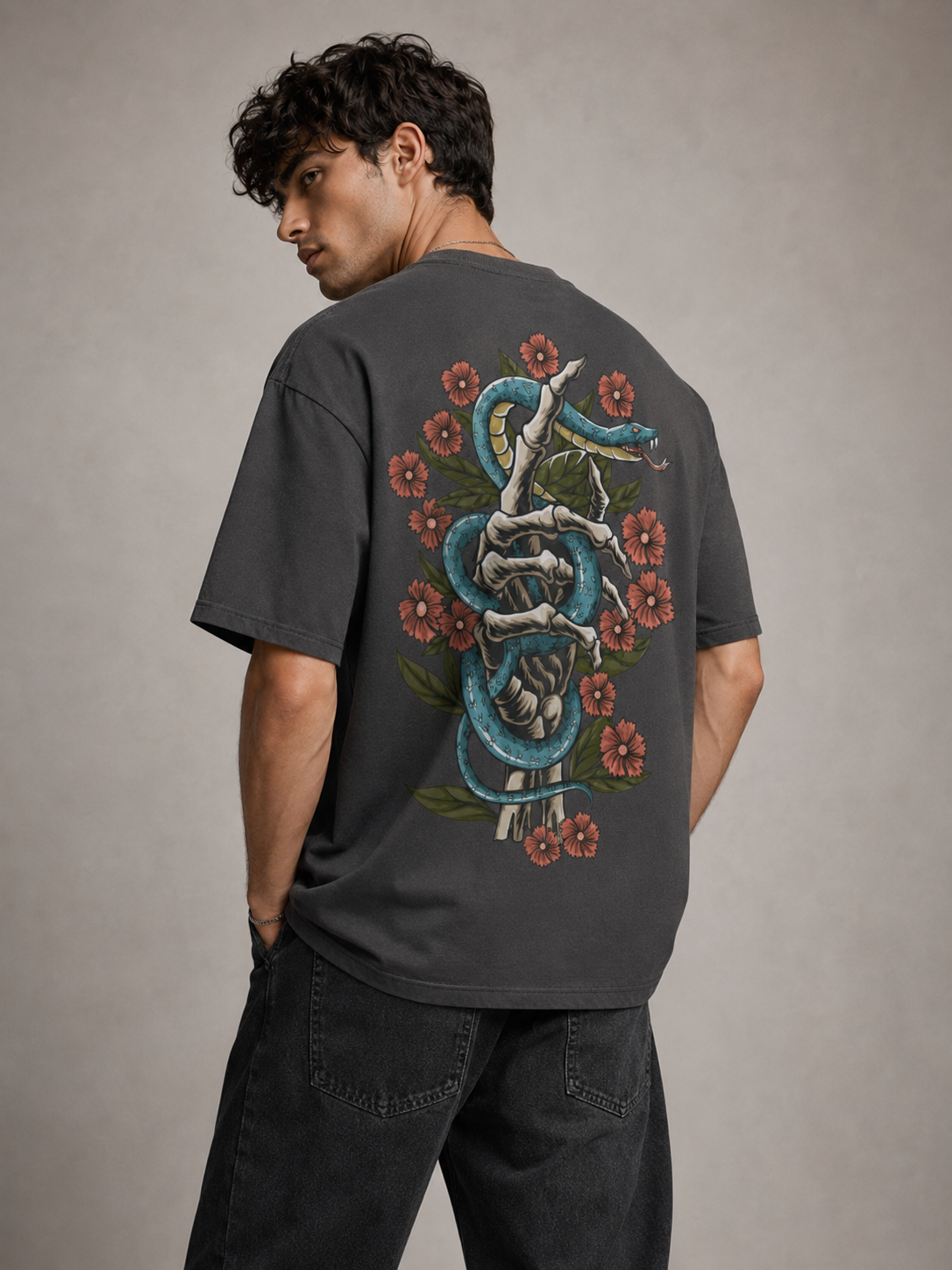 Serpent & Floral Graphic Charcoal Oversized T-Shirt