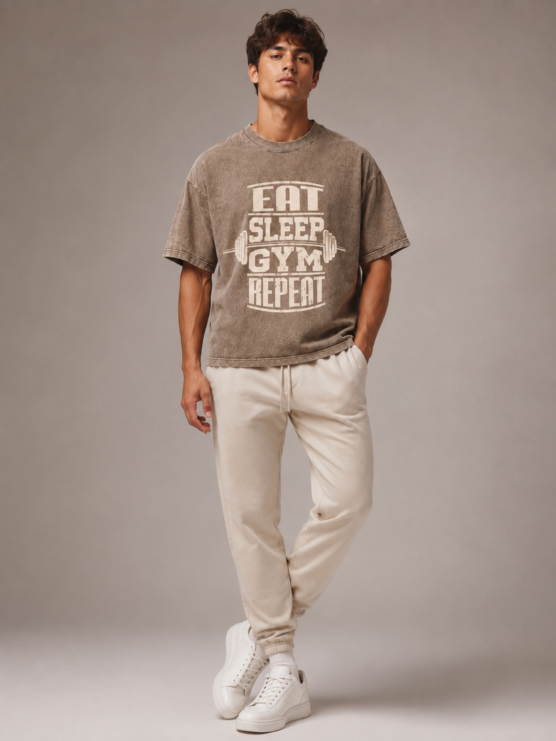 Gym Repeat Acid Wash Brown Oversized Gym T-Shirt
