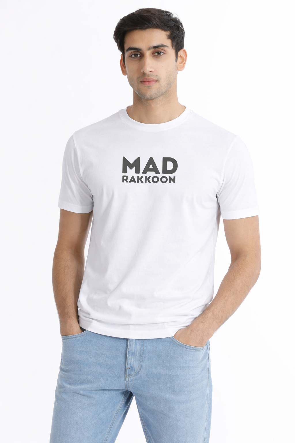 Mad Rakkoon Signature White T-Shirt – 220 GSM Premium Cotton | Minimal Logo Edition