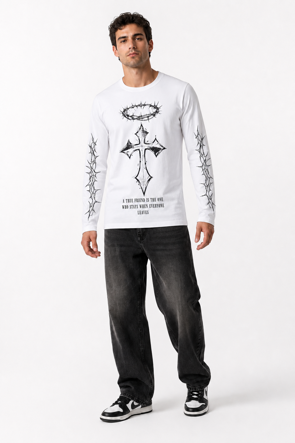 True Friend Cross Graphic White Long Sleeve T-Shirt – Regular Fit