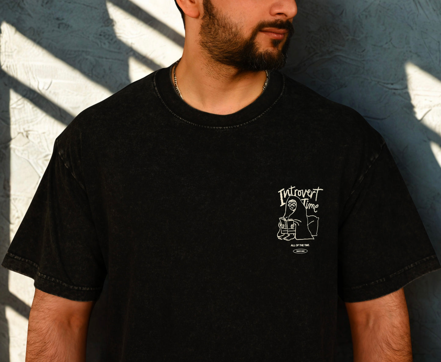 Introvert Time Black Acid Wash Oversized T-Shirt 240 GSM 100% Pure Cotton