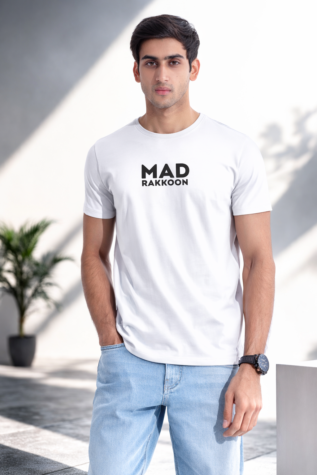Mad Rakkoon Signature White T-Shirt – 220 GSM Premium Cotton | Minimal Logo Edition