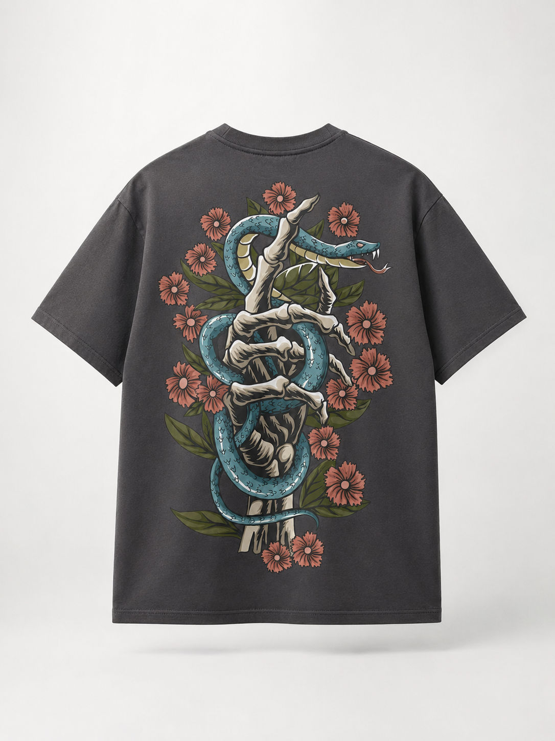Serpent & Floral Graphic Charcoal Oversized T-Shirt