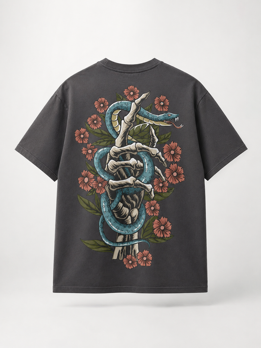 Serpent & Floral Graphic Charcoal Oversized T-Shirt
