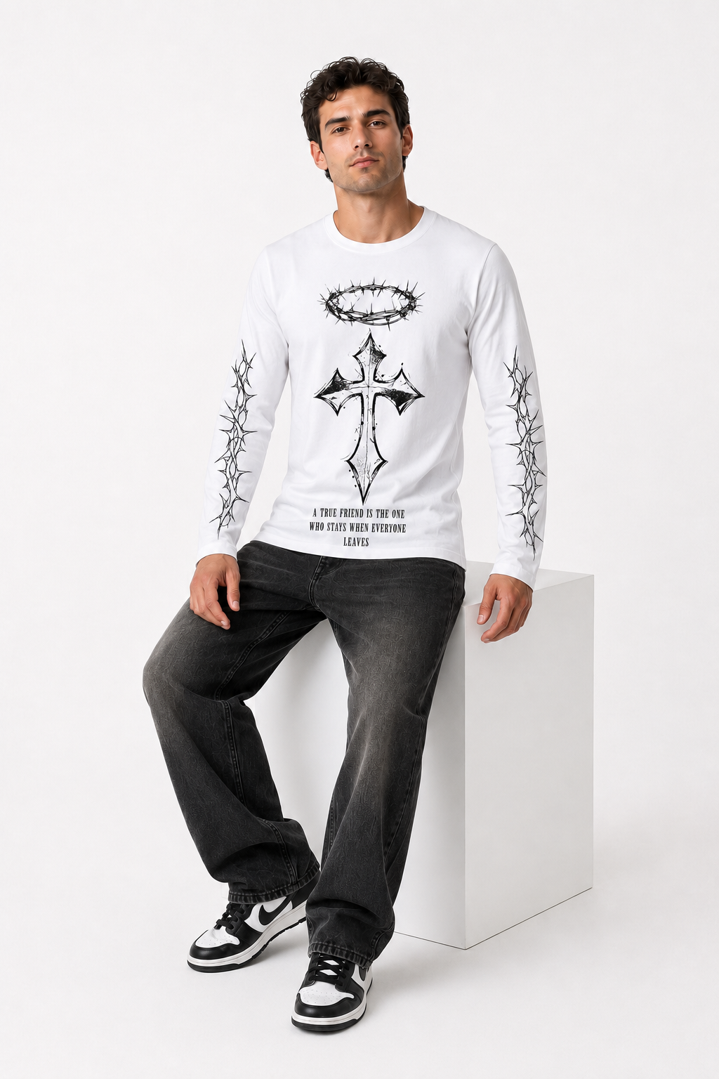 True Friend Cross Graphic White Long Sleeve T-Shirt – Regular Fit