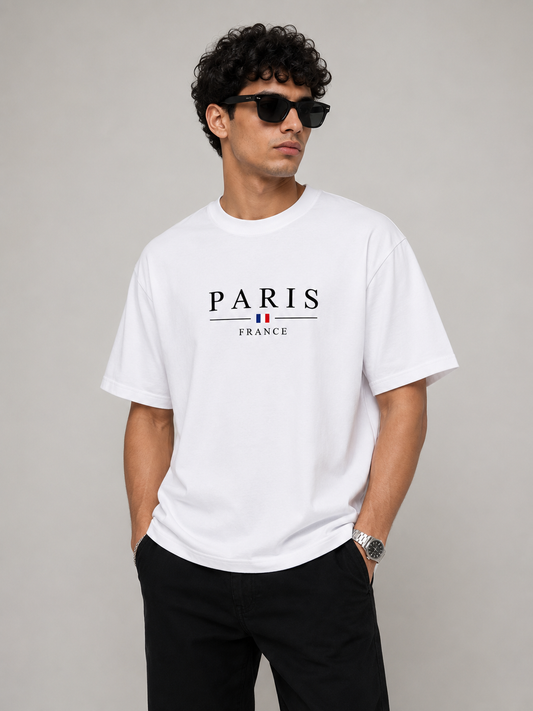 PARIS White Regular Fit Cotton T shirt
