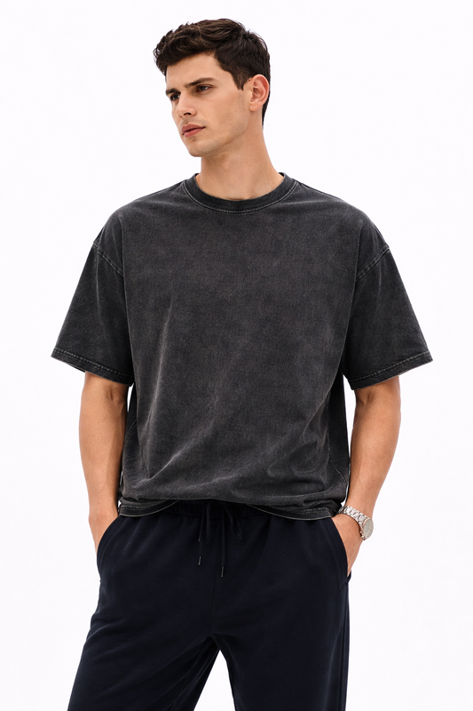 Mad Rakkoon Acid Wash Black Oversized T-Shirt – 240 GSM Heavyweight Relaxed Fit