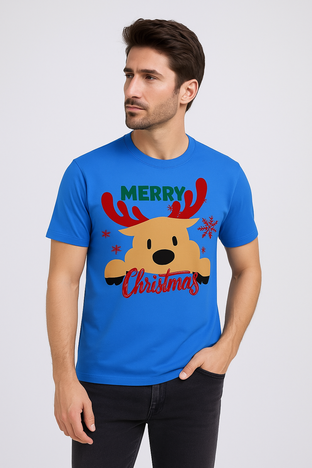 Men’s “Merry Christmas Reindeer Peek” Premium 100% Cotton Holiday Graphic Tee – Bright Blue