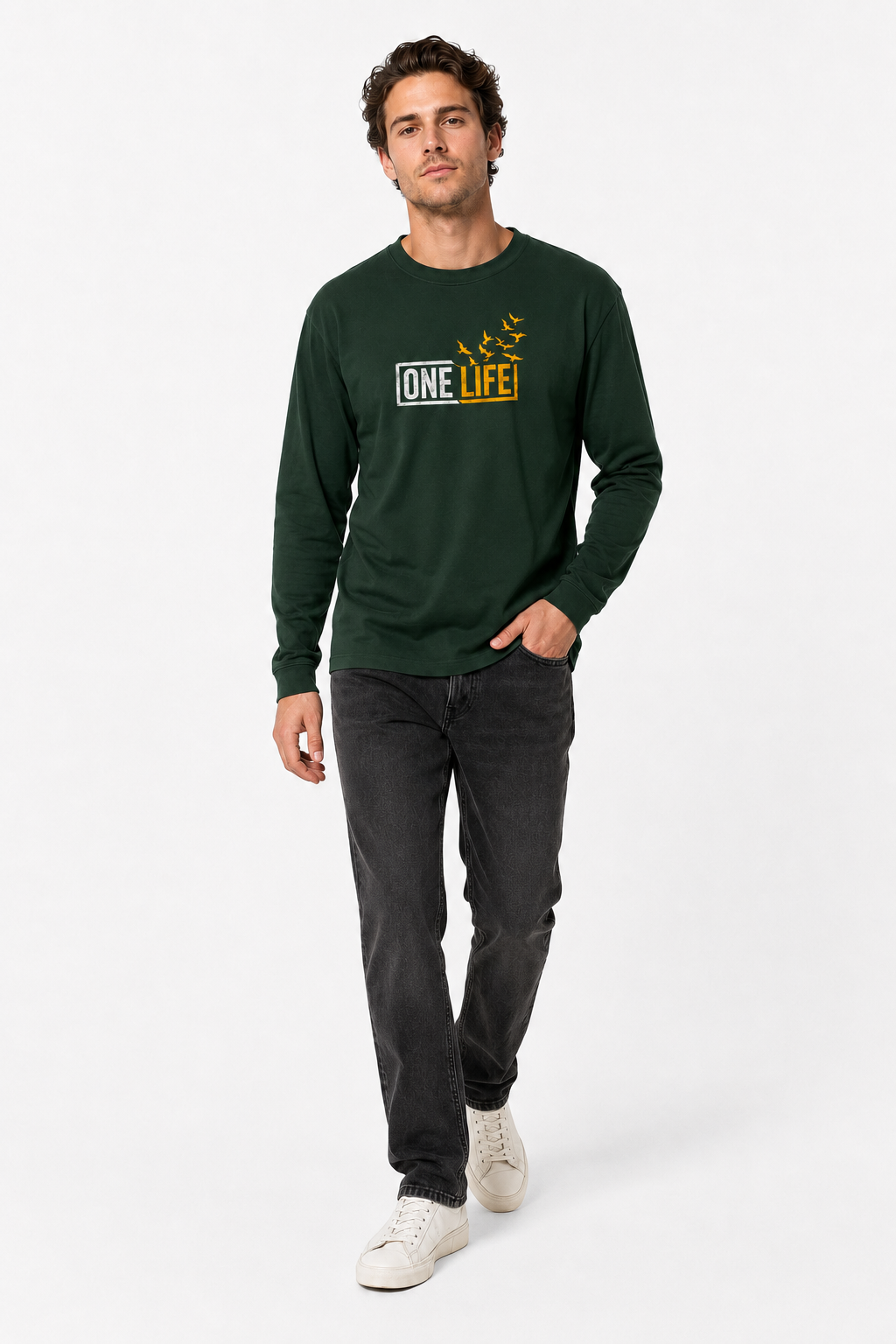 One Life Bird Graphic Forest Green Long Sleeve T-Shirt – Regular Fit