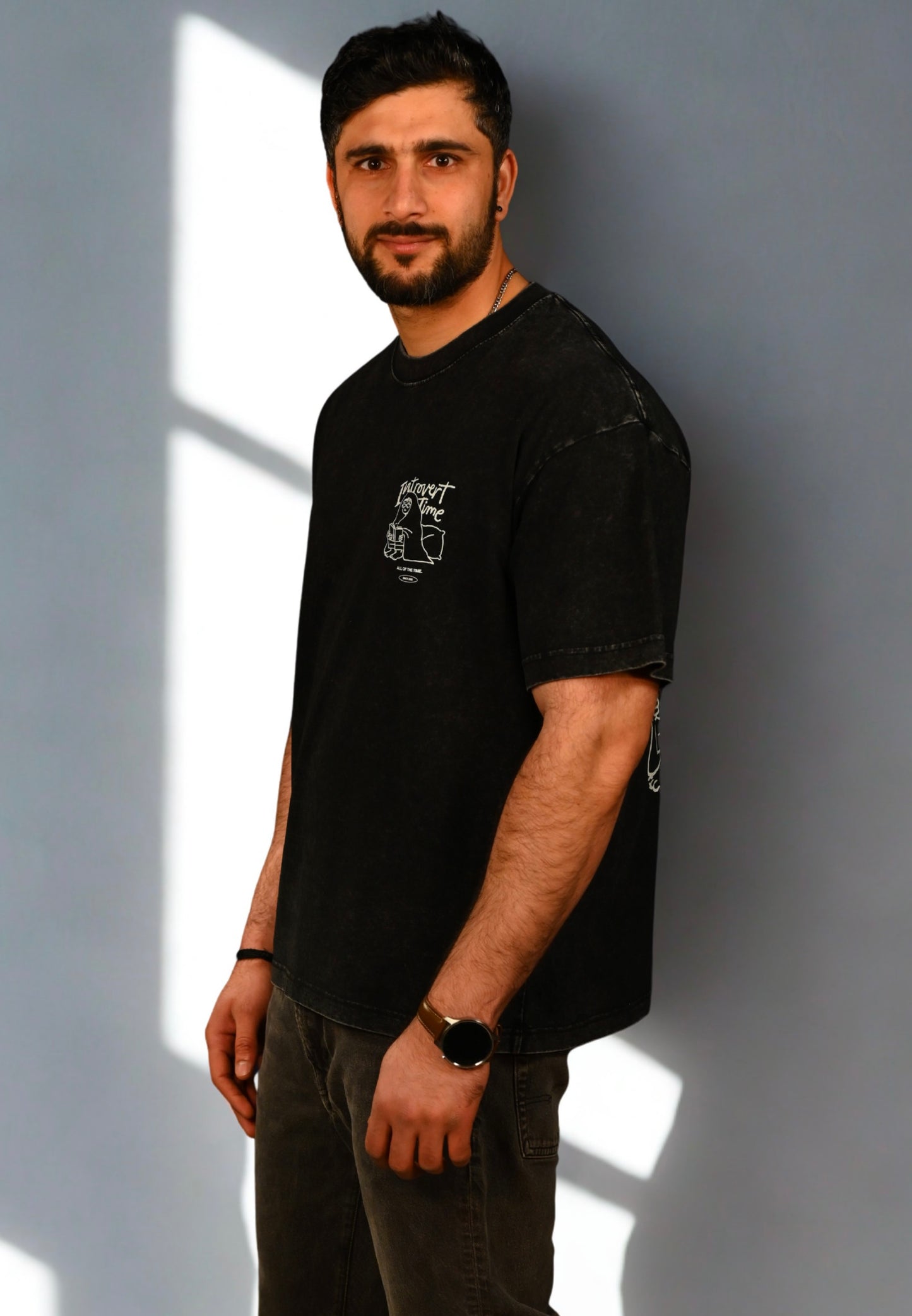 Introvert Time Black Acid Wash Oversized T-Shirt 240 GSM 100% Pure Cotton