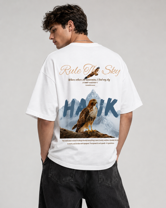 Rule the Sky Hawk Graphic T-Shirt – White Relaxed Fit
