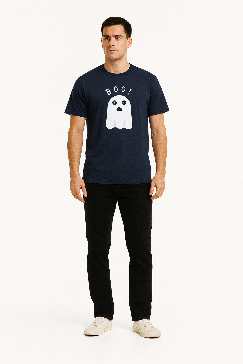 BOO! Cute Ghost Navy T-Shirt – Premium Cotton Graphic Tee