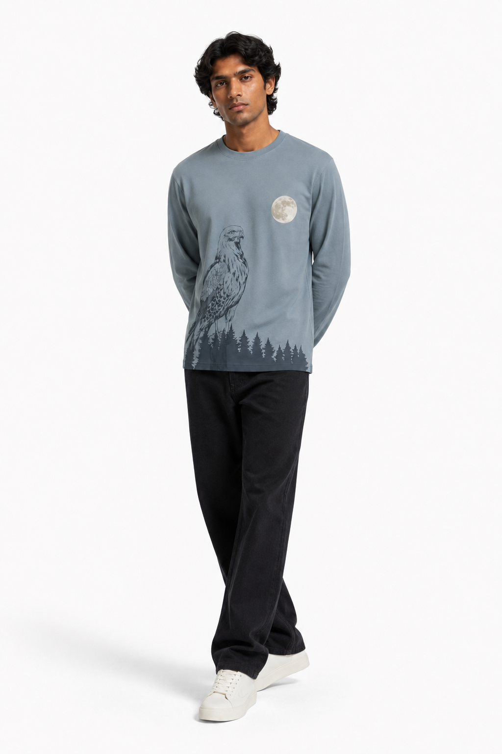 Moonlit Eagle Graphic Long-Sleeve Cotton T-Shirt – Slate Blue