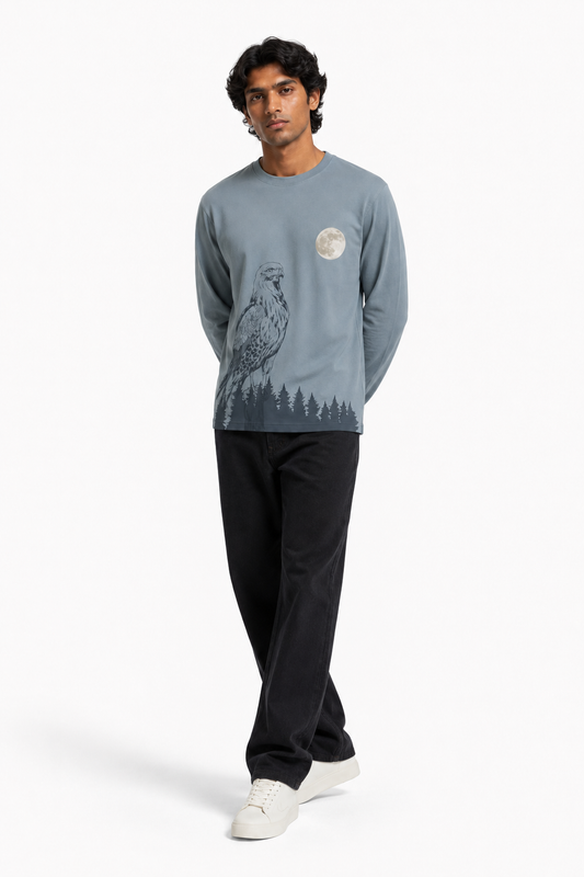 Moonlit Eagle Graphic Long-Sleeve Cotton T-Shirt – Slate Blue