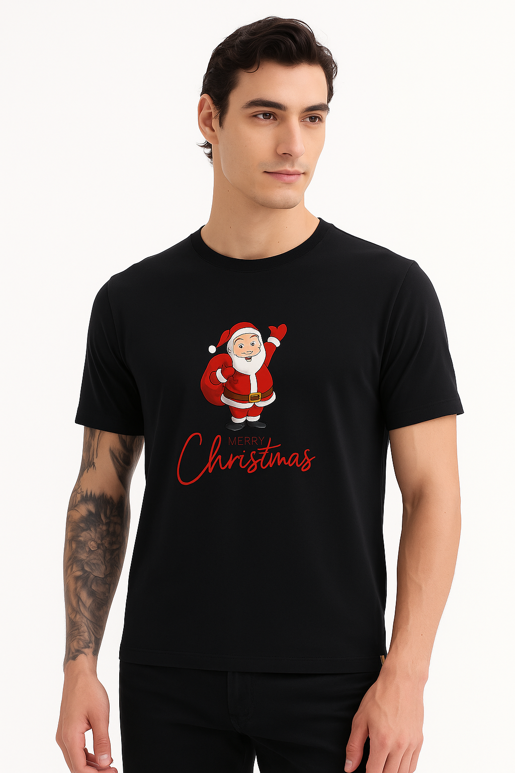Men’s Black “Merry Christmas Santa” Premium Cotton Tee – Holiday Edition