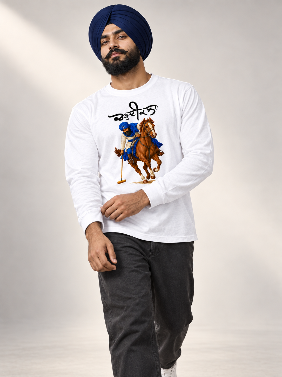 Punjabi Heritage Horse Rider Long-Sleeve T-Shirt – White