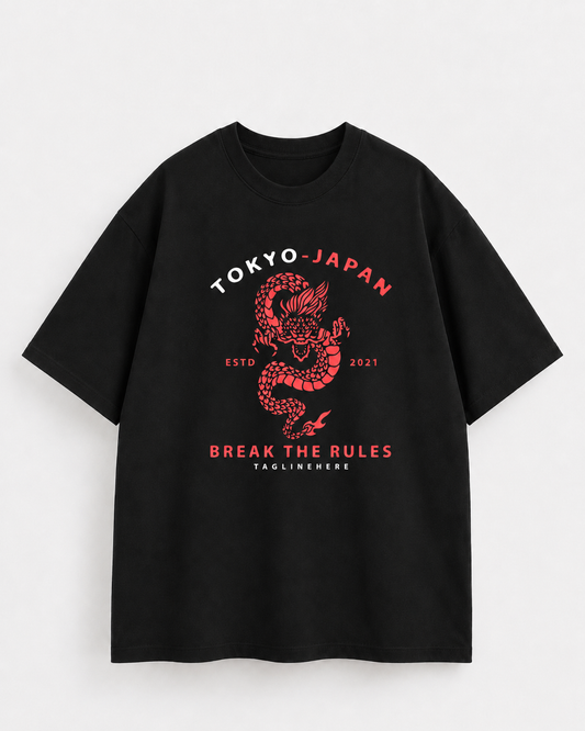 Tokyo Japan Dragon Graphic Relaxed Black T-Shirt