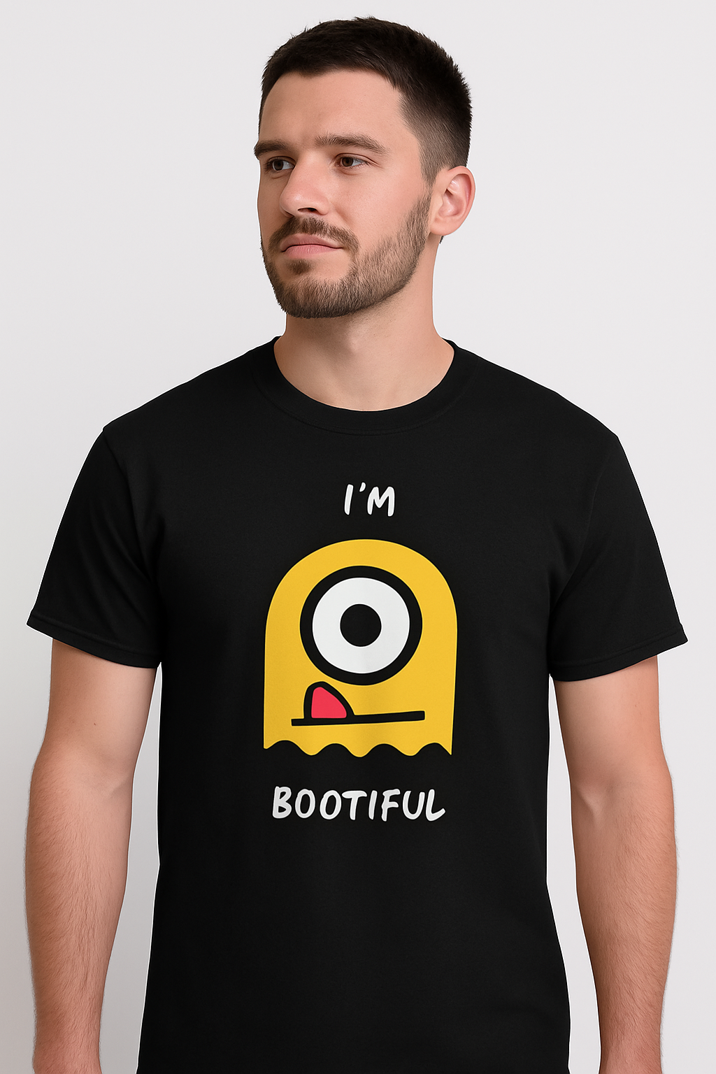 Black Graphic Tee – “I’m Bootiful” Fun Cartoon Print | Mad Rakkoon