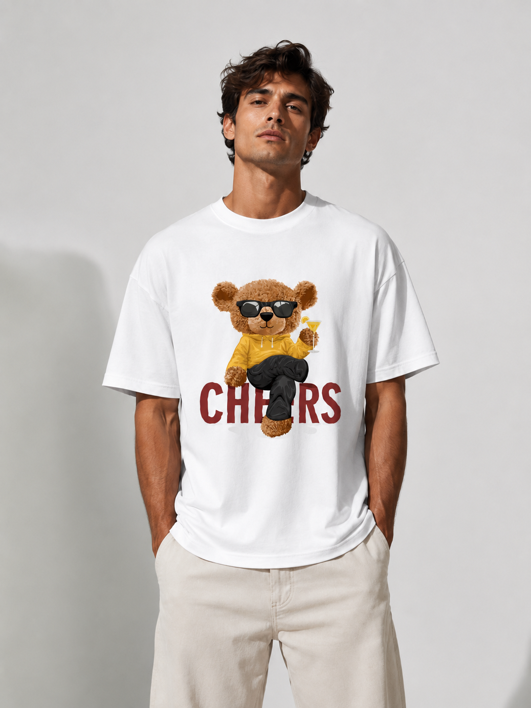 Teddy Bear Graphic White Oversized T-Shirt