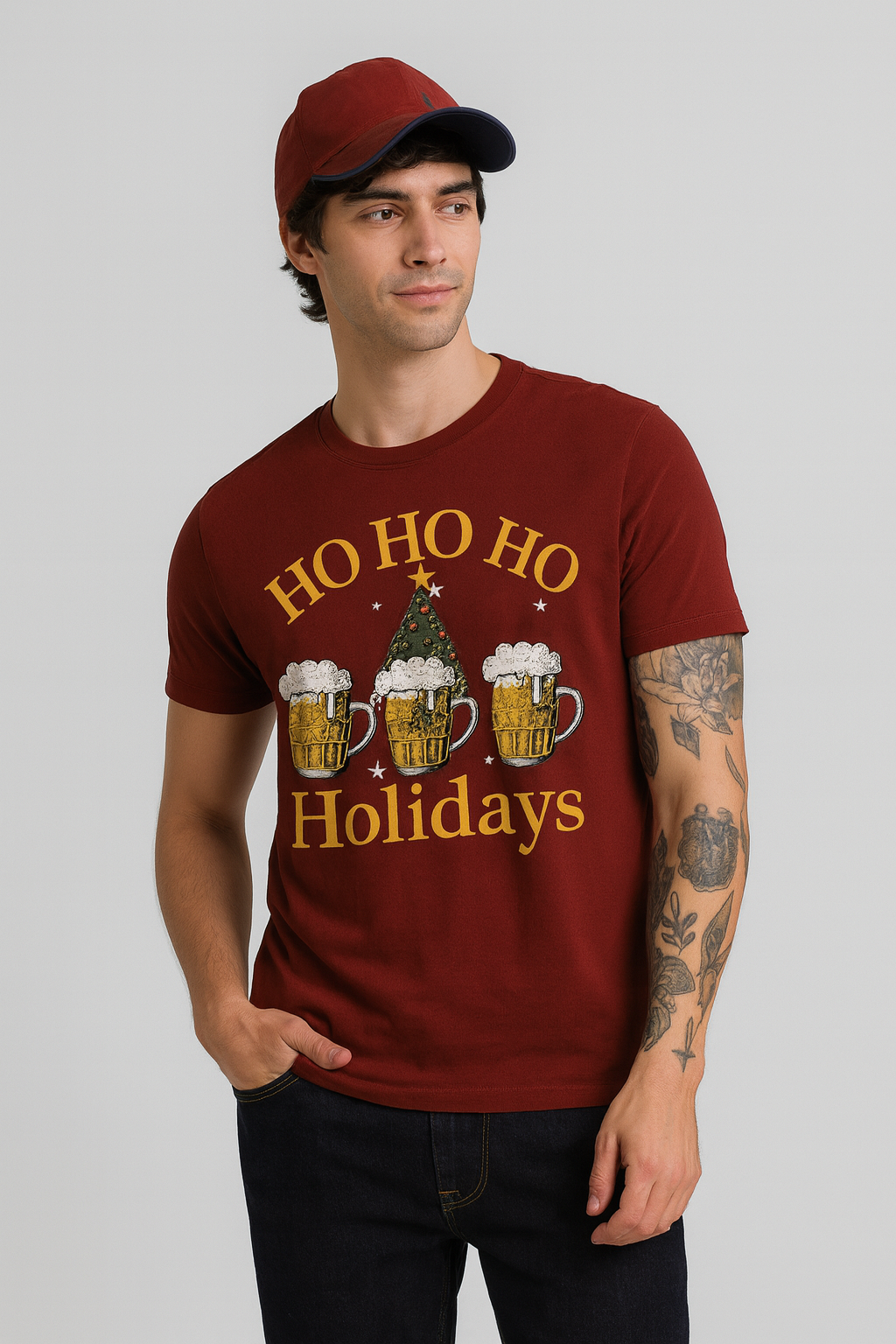 Ho Ho Ho Holidays – Christmas Beer Mug Tee | Designed in BC by Mad Rakkoon (Proudly Canadian)