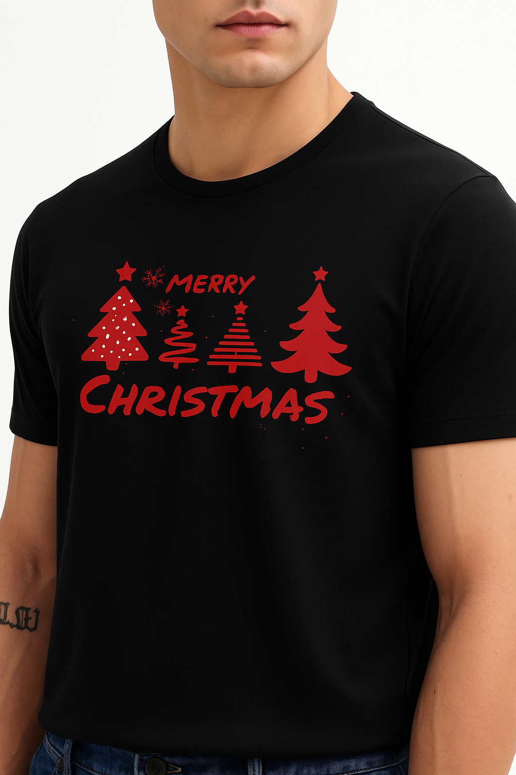 Men’s Black Merry Christmas Tree T-Shirt – Premium Cotton Holiday Tee