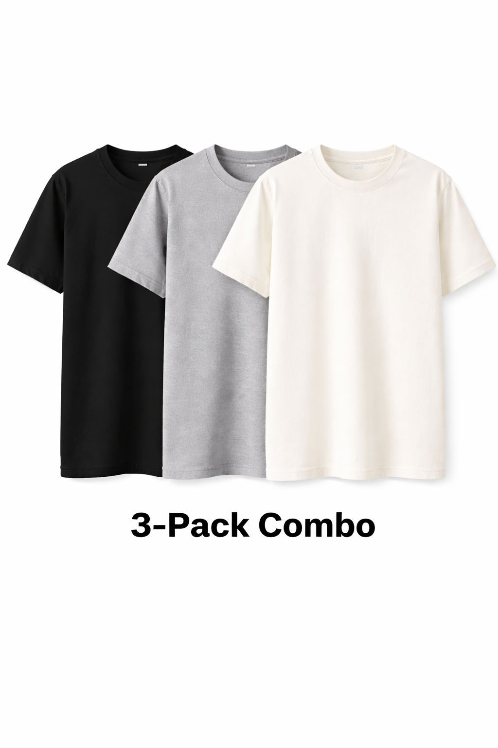 Mad Rakkoon 3-Pack Premium Cotton T-Shirt Combo – Black, Grey & Off-White | Breathable 220 GSM Crew Neck