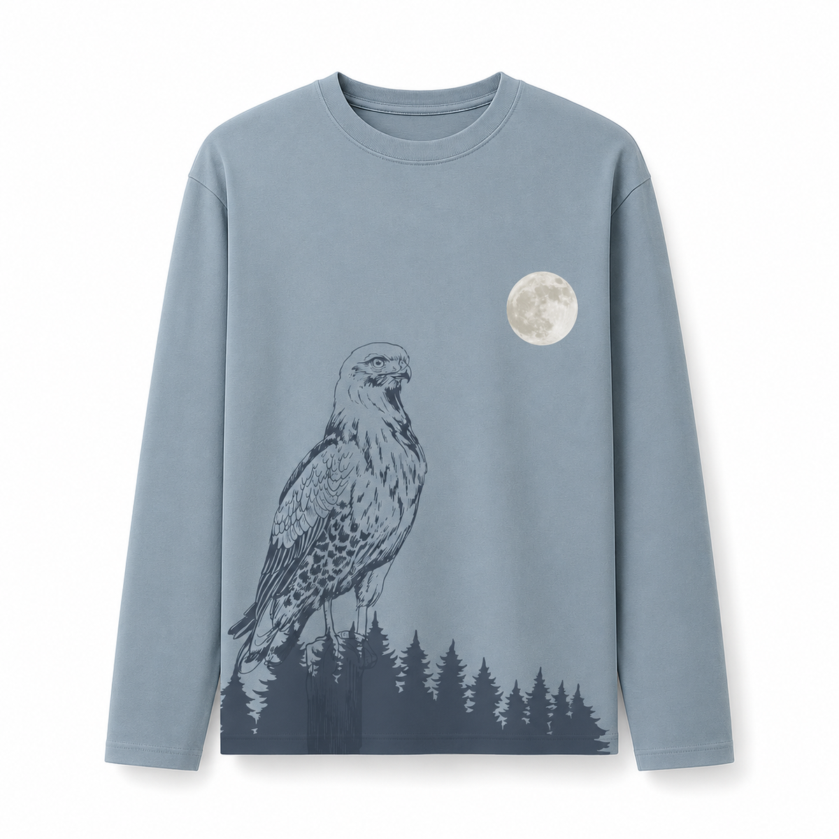 Moonlit Eagle Graphic Long-Sleeve Cotton T-Shirt – Slate Blue