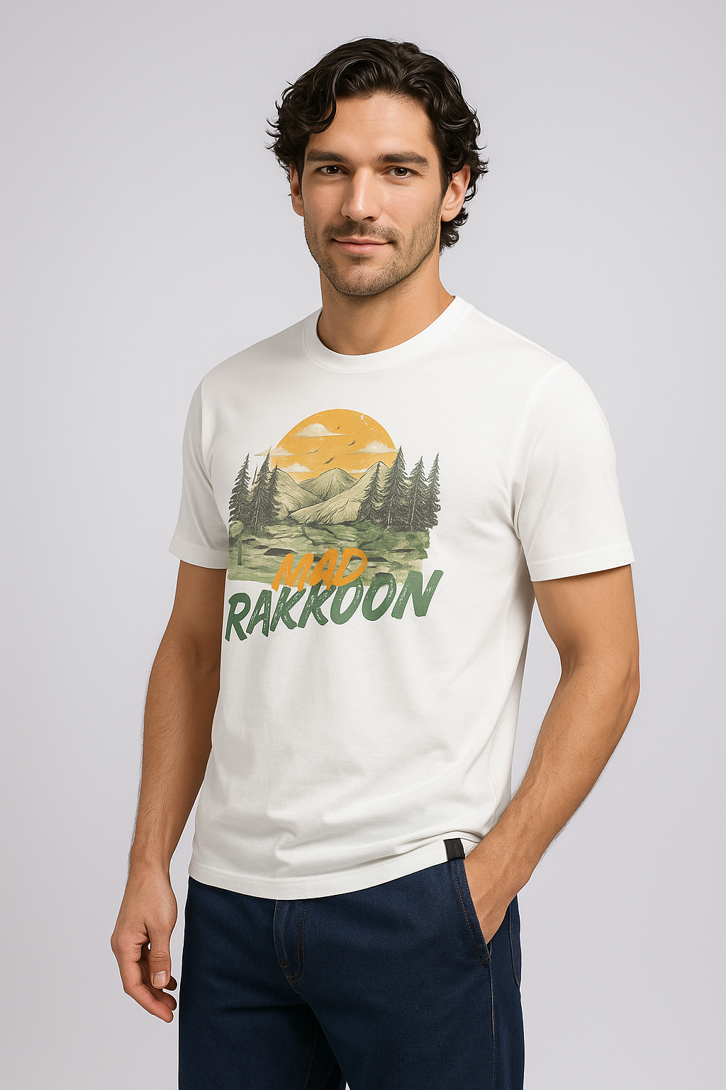 .MAD RAKKOON™ Mountain Sunrise Graphic Tee – 100% Cotton Premium White T-Shirt