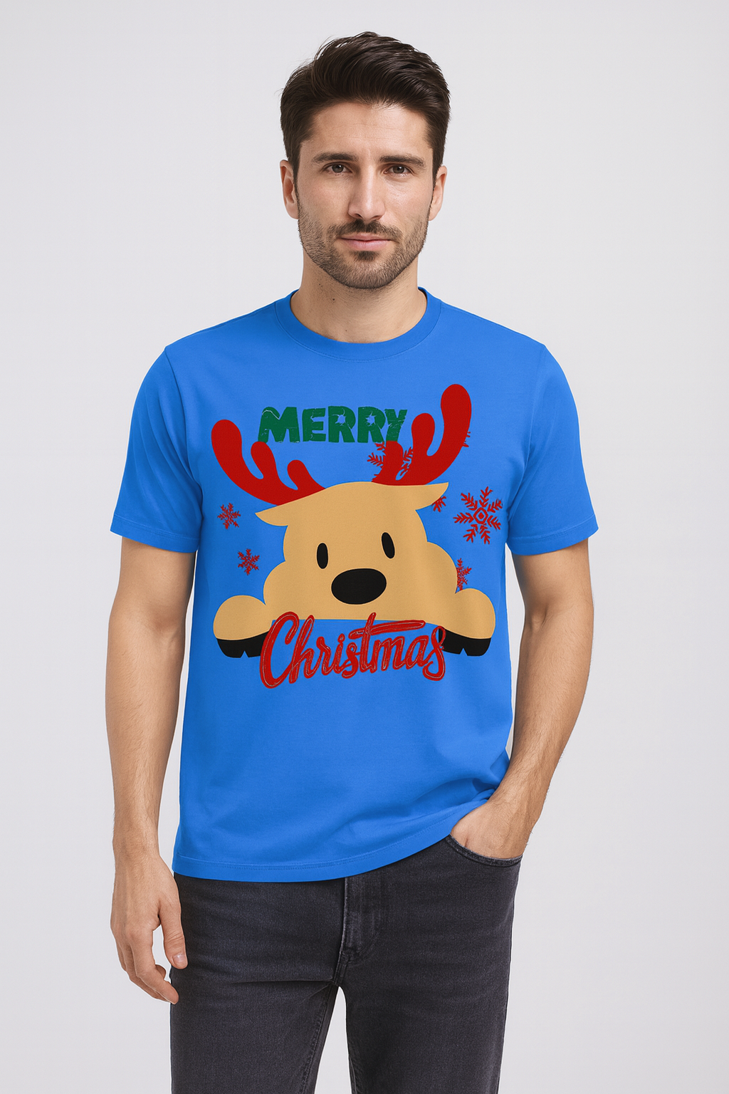 Men’s “Merry Christmas Reindeer Peek” Premium 100% Cotton Holiday Graphic Tee – Bright Blue