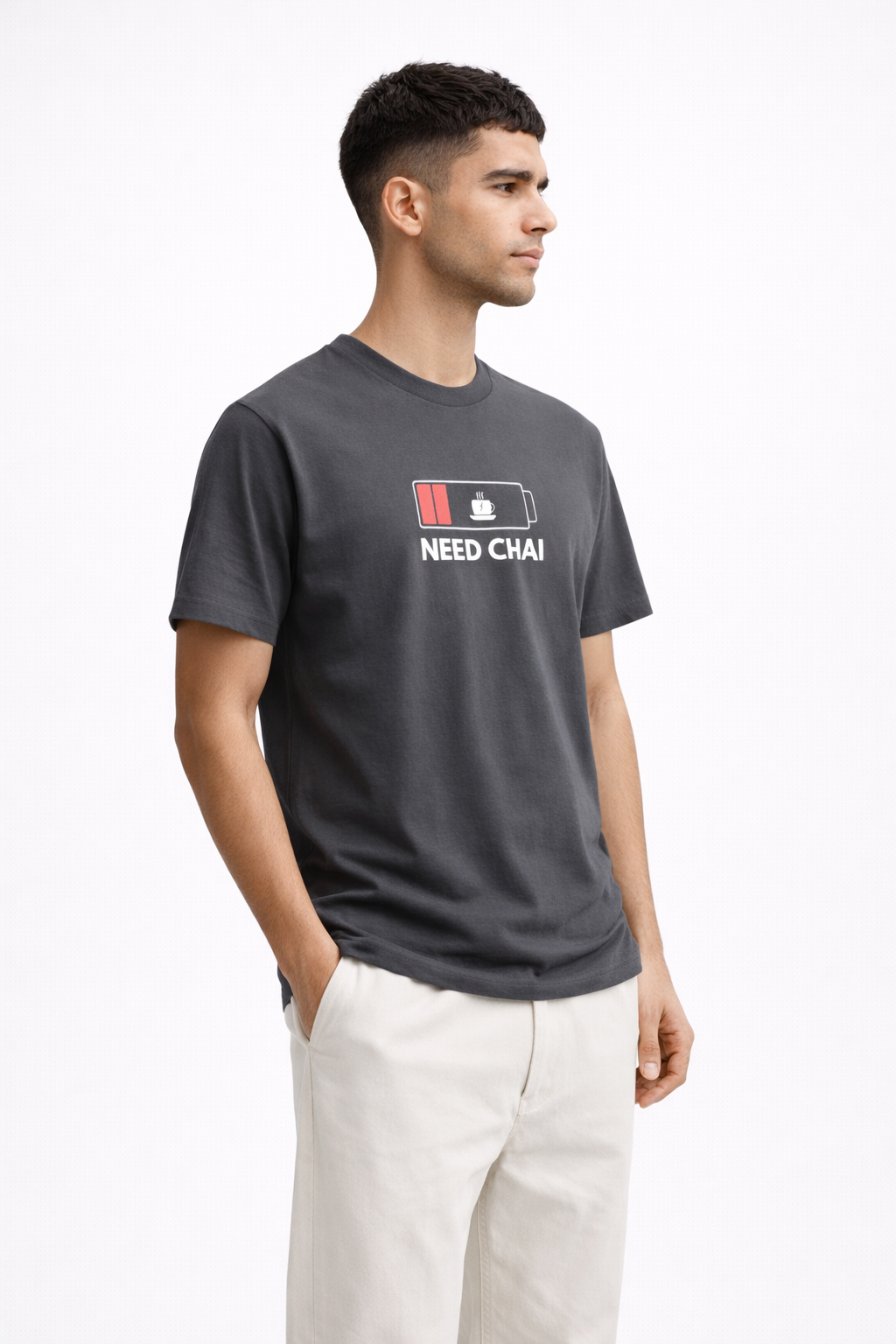 NEED CHAI Graphic T-Shirt – Charcoal Grey Minimal Cotton Tee for Men