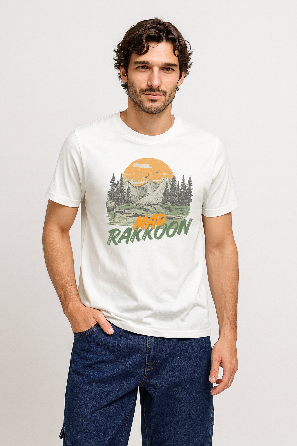 .MAD RAKKOON™ Mountain Sunrise Graphic Tee – 100% Cotton Premium White T-Shirt