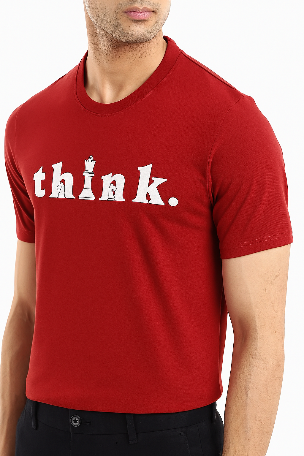 THINK. Bold Maroon Classic Tee – 100% Cotton by Mad Rakkoon