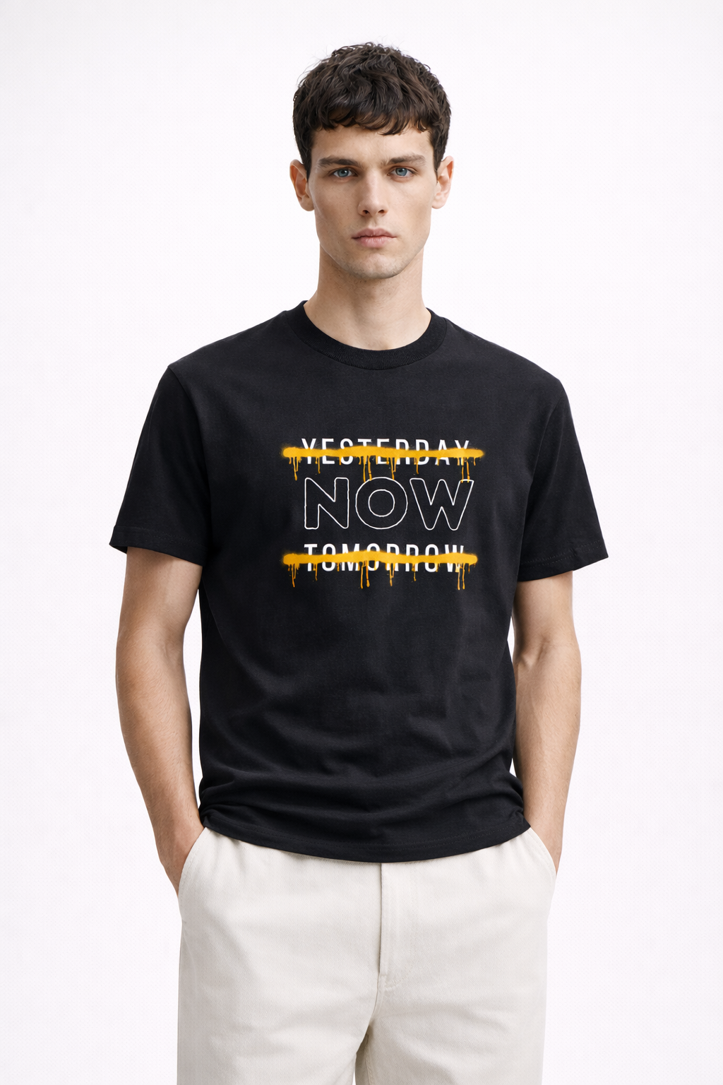 NOW Graphic T-Shirt – Black Minimal Motivational Cotton Tee for Men