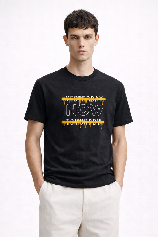 NOW Graphic T-Shirt – Black Minimal Motivational Cotton Tee for Men