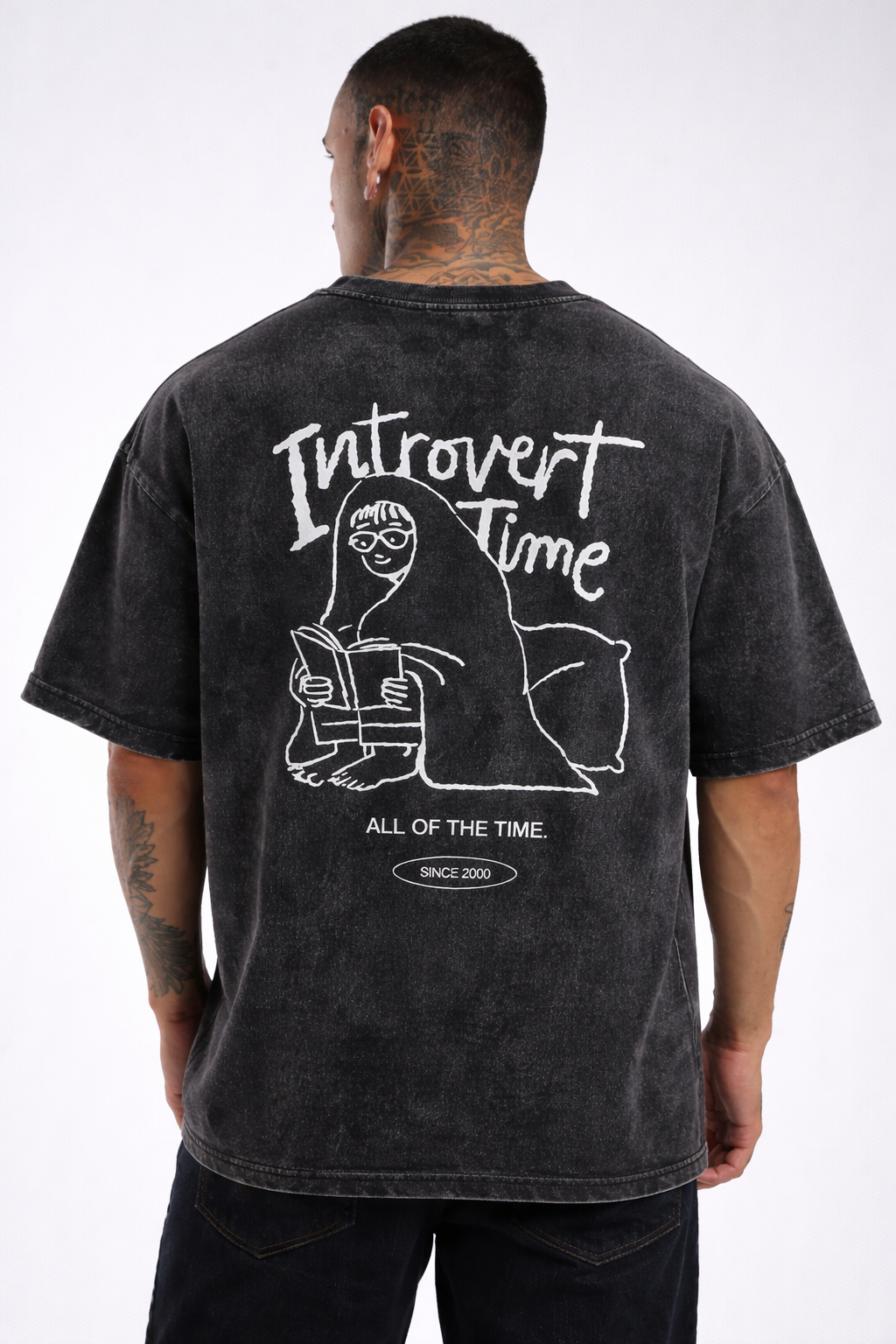 Introvert Time Black Acid Wash Oversized T-Shirt 240 GSM 100% Pure Cotton