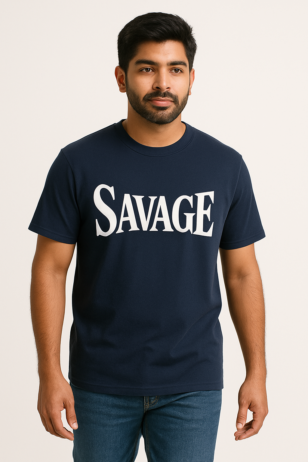 Savage Bold Typography Tee – Navy Blue Premium Cotton | Streetwear Graphic T-Shirt