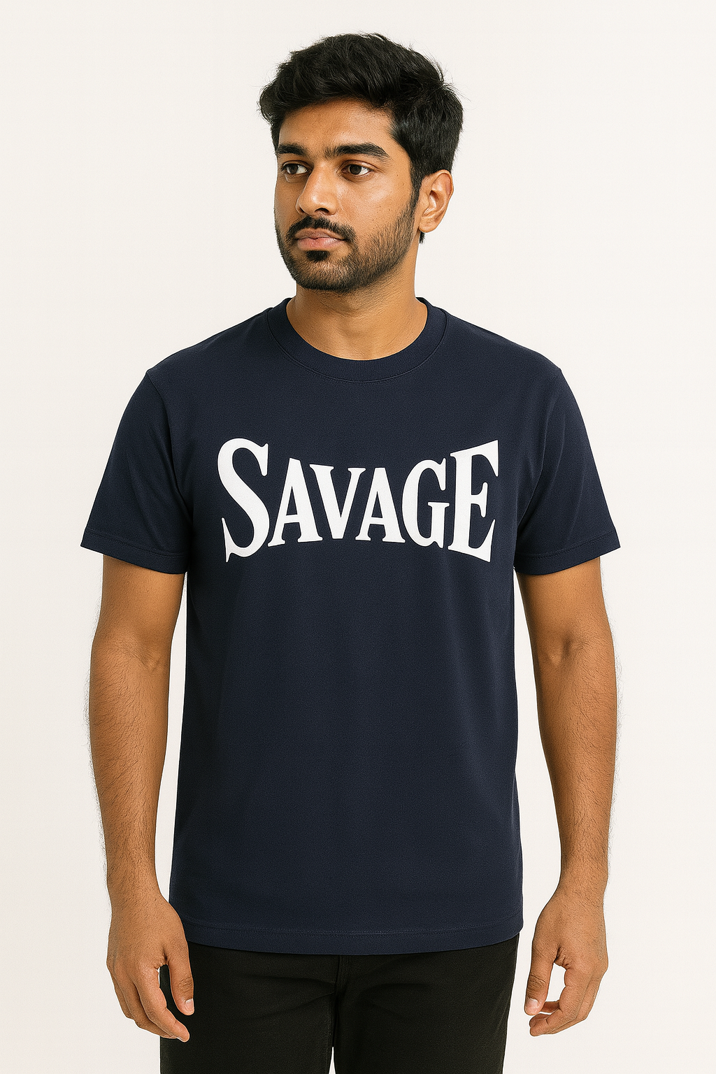 Savage Bold Typography Tee – Navy Blue Premium Cotton | Streetwear Graphic T-Shirt
