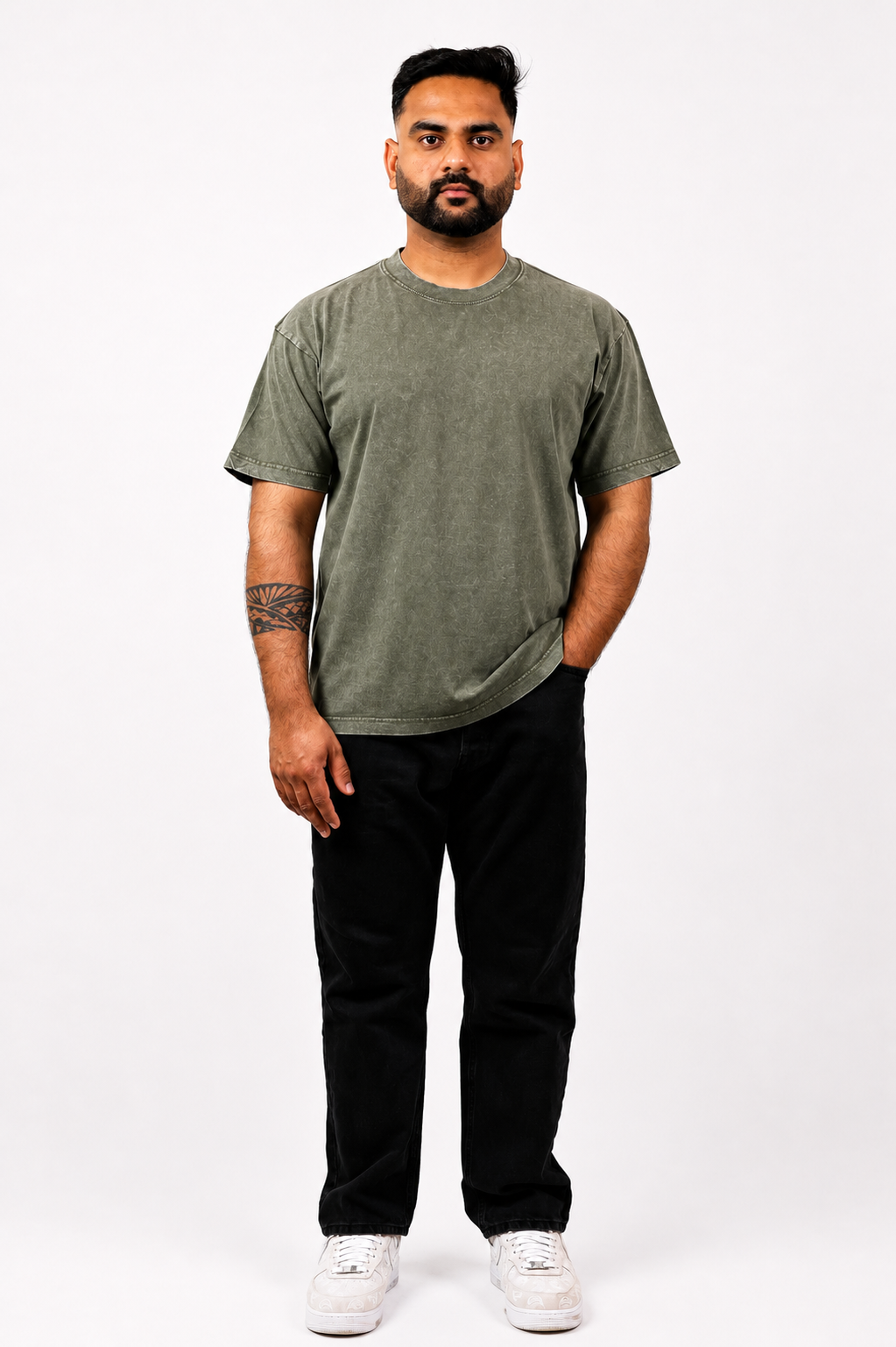 Army Green Cotton Acid Wash T-Shirt