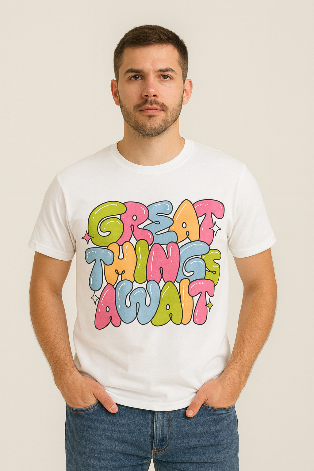 Great Things Await – Color Pop White Tee 100% Cotton