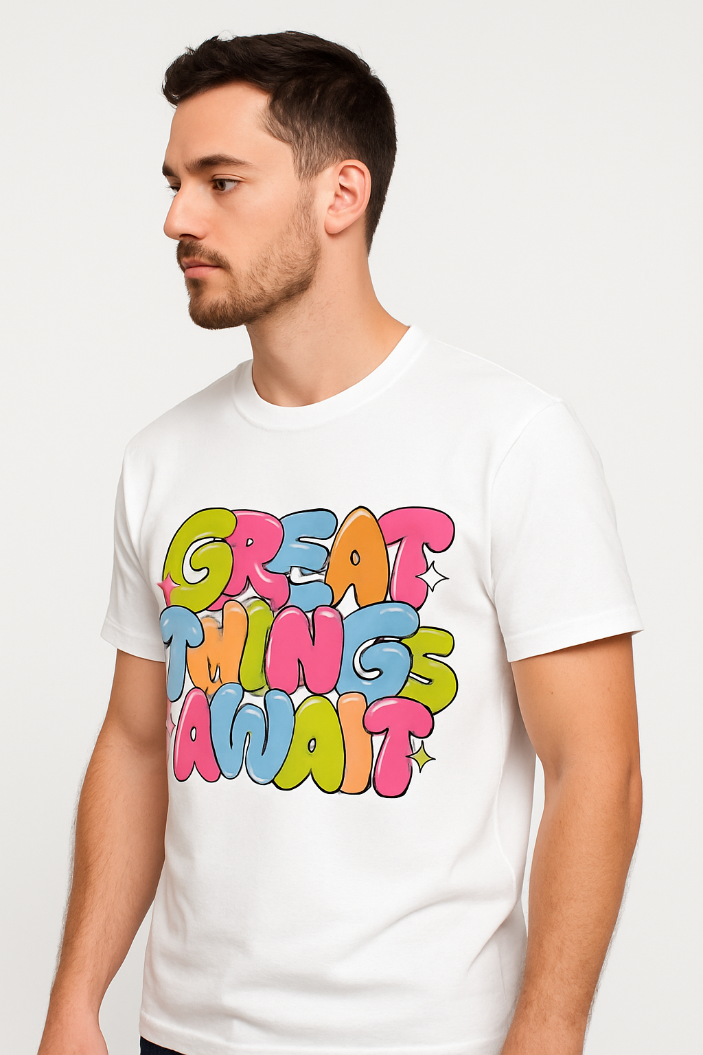 Great Things Await – Color Pop White Tee 100% Cotton