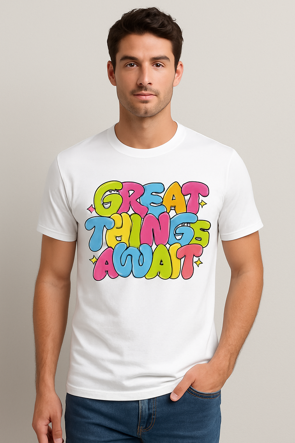 Great Things Await – Color Pop White Tee 100% Cotton